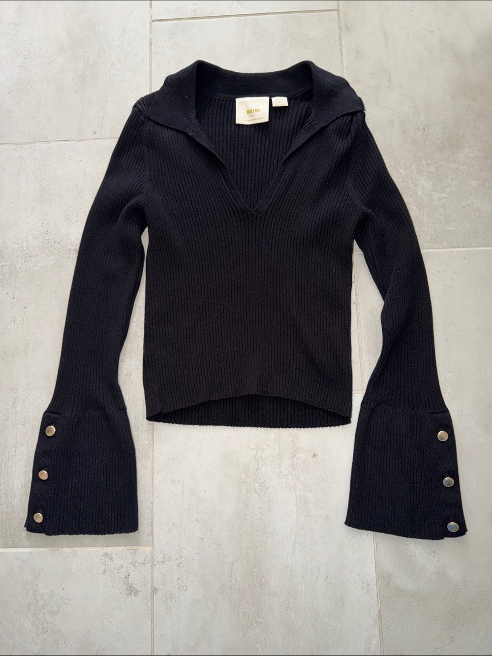 Maeve Ribbed Knit Top with Buttoned Bell Sleeves